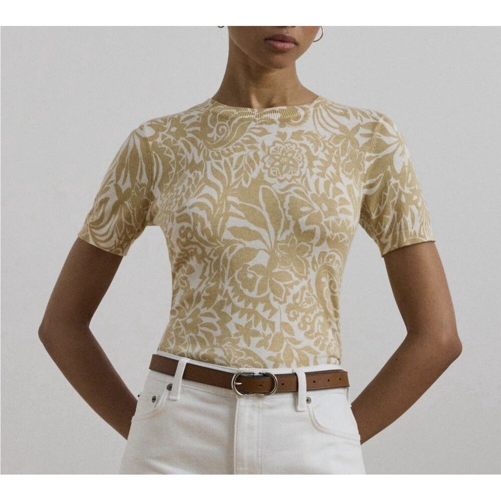 NWT Lauren Ralph Lauren Floral Cotton Modal Blend Short Sleeve Sweater Women Lg